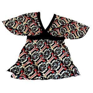 M Heart M black red floral kimono style blouse sz XL tie back Vneck knit trim